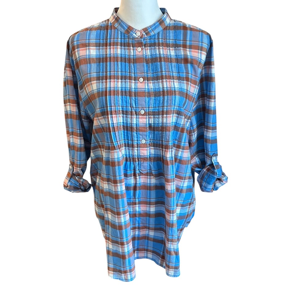 Lands End Top Women's 18 Blue‎ Brown Plaid Flannel Pleated Tab Sleeve Tunic